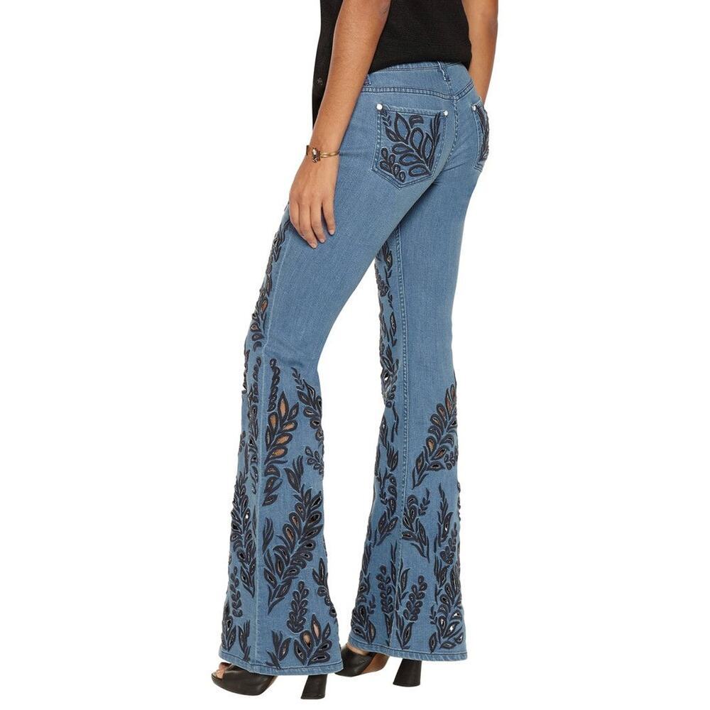Alice + Olivia Blue Embroidered Flare Jeans